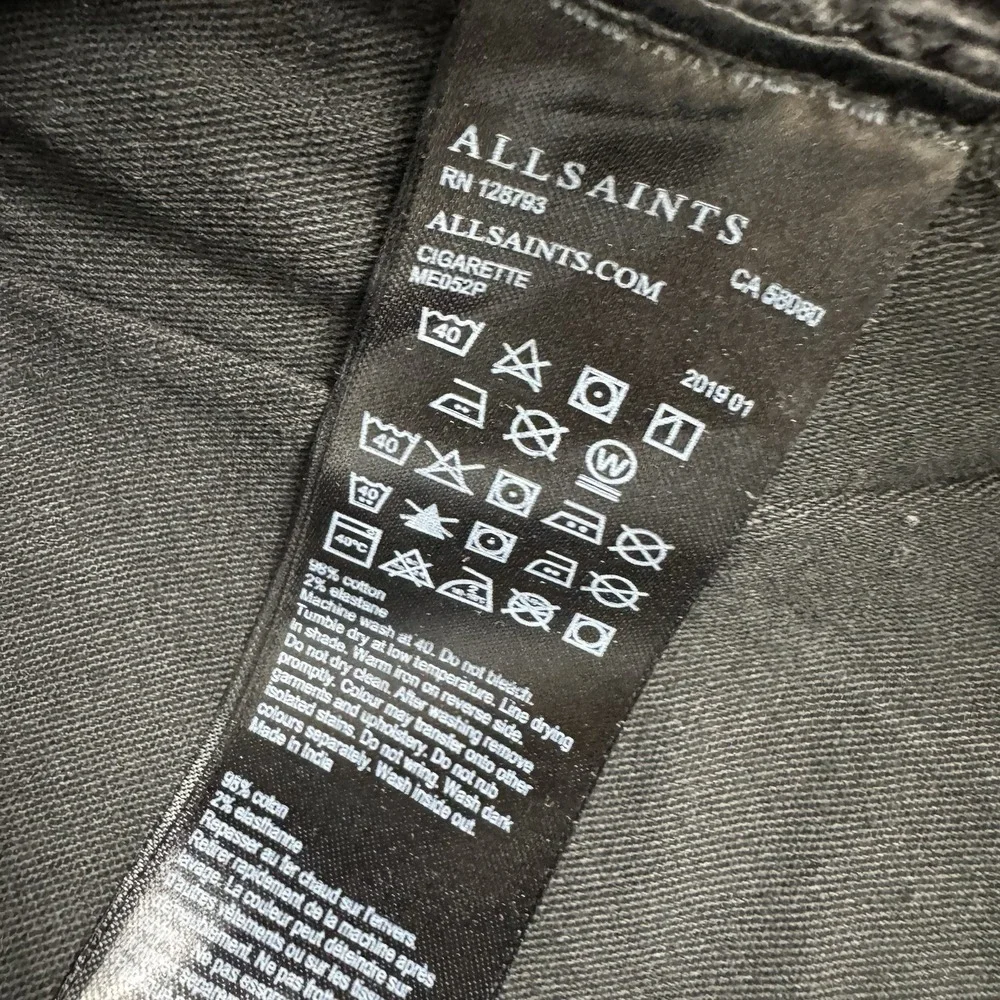 Allsaints Cigarette 1 Black Denim Button Fly Mens Jeans Size 34X32